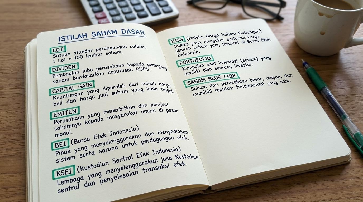 Daftar istilah saham dasar seperti lot, dividen, dan emiten di buku catatan