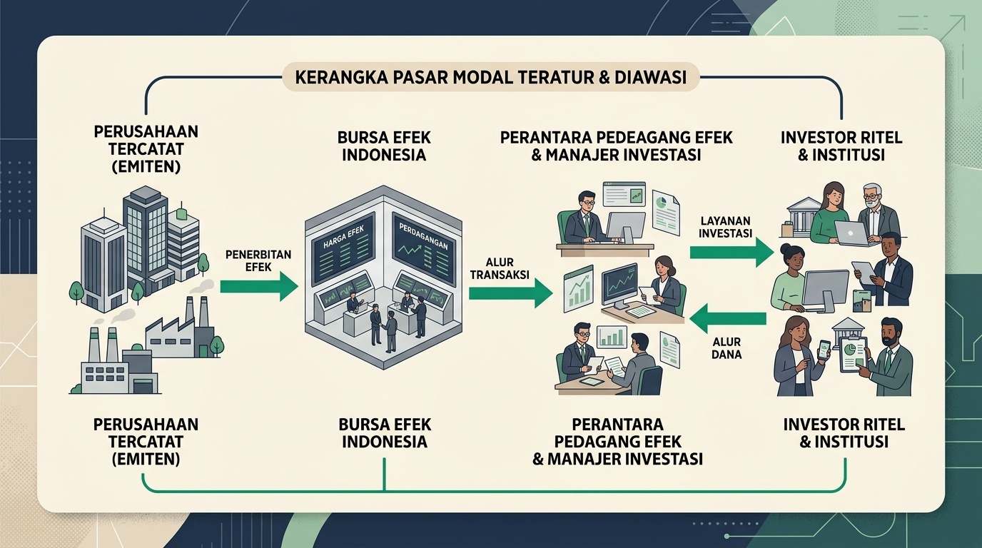 Diagram struktur pasar modal Indonesia yang menggambarkan peran IDX, lembaga kliring, dan kustodian sentral